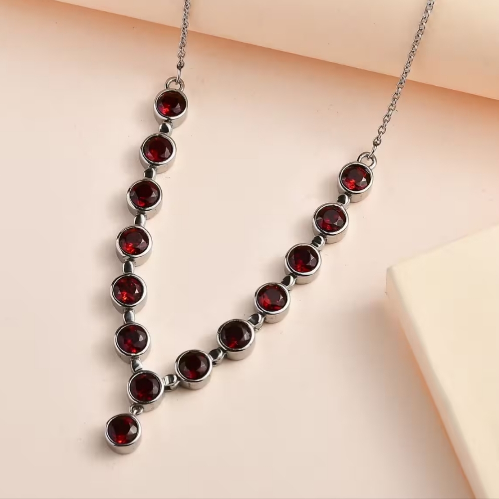 Natural Red Mozambique Garnet Y-Shaped Necklace 18" in Stainless Steel 8.90 ctw